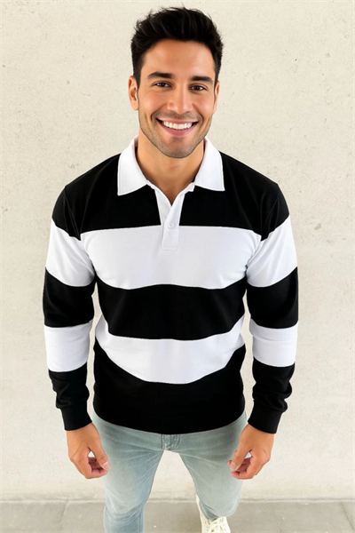 Erkek Polo Yaka Uzun Kollu Çizgili Sweatshirt Trend Rugby Stil - Siyah
