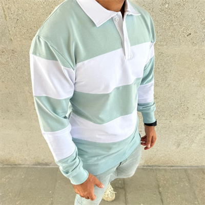 Erkek Polo Yaka Uzun Kollu Çizgili Sweatshirt Trend Rugby Stil - Çağla Yeşili