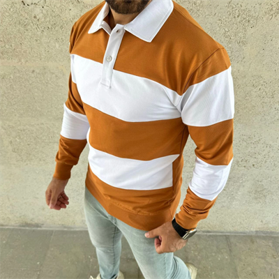 Erkek Polo Yaka Uzun Kollu Çizgili Sweatshirt Trend Rugby Stil - Turuncu