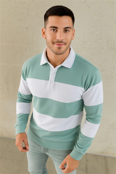 Erkek Polo Yaka Uzun Kollu Çizgili Sweatshirt Trend Rugby Stil - Çağla Yeşili