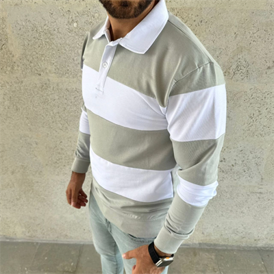 Erkek Polo Yaka Uzun Kollu Çizgili Sweatshirt Trend Rugby Stil - Mint Yeşili