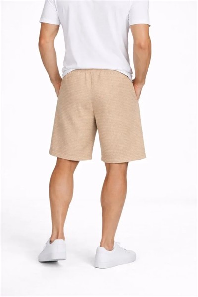 Erkek Pötikareli Şort – Beli Lastikli Bağcıklı, Cepli, Rahat Kesim Günlük Yazlık Şort - Bej
