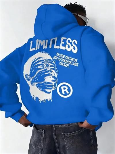 Erkek Premium Baskılı Kapşonlu Sweatshirt Üç İplik İçi Pamuklu Kanguru Cepli Double Oversize Rahat Kalıp Hoodie - Saks Mavi