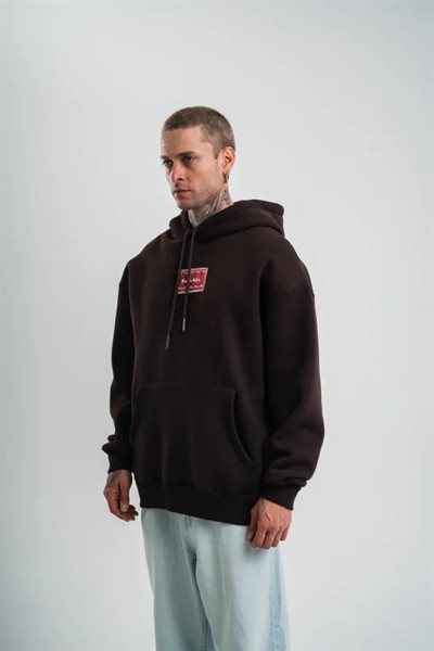 Erkek Premium Nakışlı Kapşonlu Sweatshirt Double Oversize Üç İplik Pamuklu - Siyah