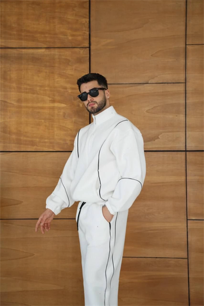 Erkek Premium Parçalı Eşofman Takım - Dik Yaka Fermuarlı Biyeli Sweatshirt Lastik Paça Alt, Oversize 3 Iplik Şardonlu - Beyaz