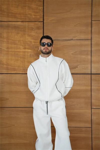 Erkek Premium Parçalı Eşofman Takım - Dik Yaka Fermuarlı Biyeli Sweatshirt Lastik Paça Alt, Oversize 3 Iplik Şardonlu - Beyaz