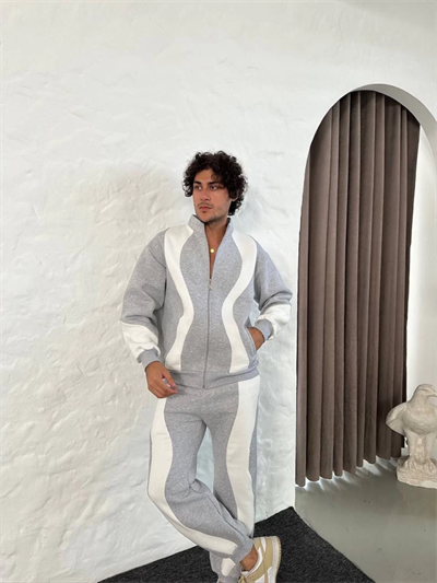 Erkek Premium Parçalı Eşofman Takım - Dik Yaka Fermuarlı Sweatshirt, - Gri