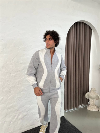 Erkek Premium Parçalı Eşofman Takım - Dik Yaka Fermuarlı Sweatshirt, - Gri