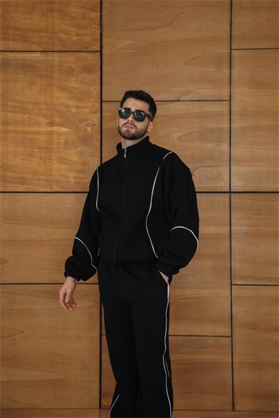 Erkek Premium Parçalı Eşofman Takım - Dik Yaka Fermuarlı Biyeli Sweatshirt Lastik Paça Alt, Oversize 3 Iplik Şardonlu - Siyah