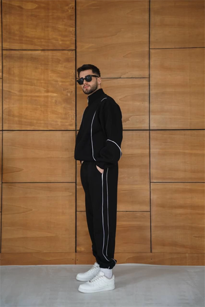 Erkek Premium Parçalı Eşofman Takım - Dik Yaka Fermuarlı Biyeli Sweatshirt Lastik Paça Alt, Oversize 3 Iplik Şardonlu - Siyah