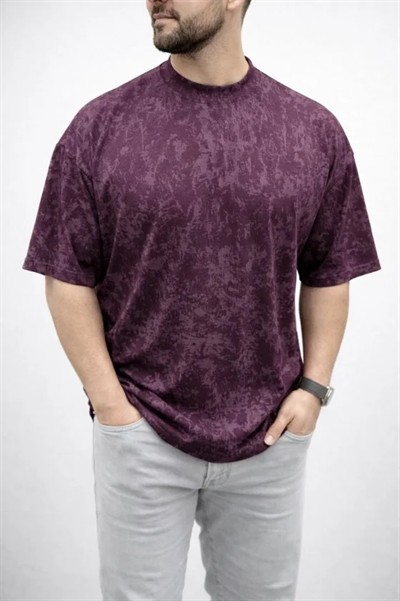 Erkek Premium Tişört OSY Yumuşak Dokulu Yıkamalı Oversize T-Shirt - Bordo
