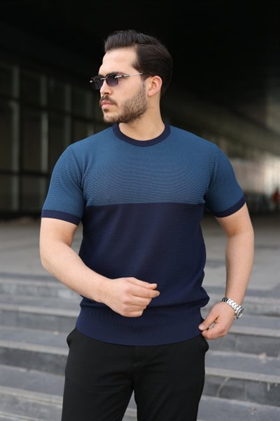 Erkek Renk Bloklu Bisiklet Yaka Kısa Kollu Triko Tişört