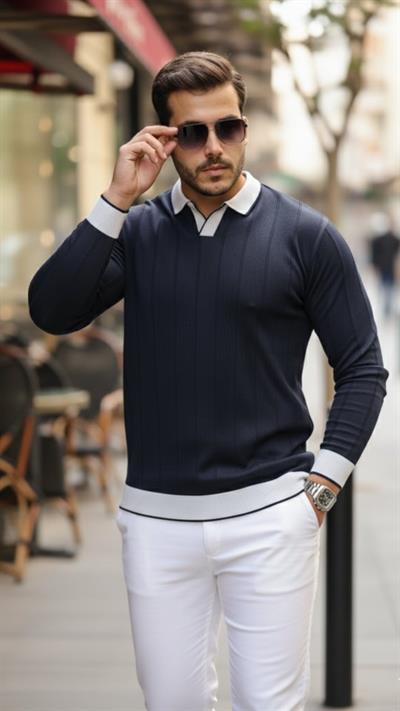 Erkek Renkli Yaka Manşet Uzun Kollu Triko