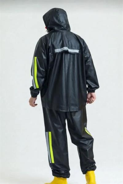 Erkek Şapkalı Kapüşonlu Su Geçirmez Yağmurluk Takımı Reflektörlü Motorcu Kıyafeti Su Ve Rüzgar Gecirmez Motorcu Kurye Takım TÜBİTAK Onaylı - Siyah