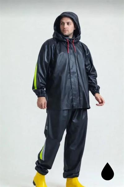 Erkek Şapkalı Kapüşonlu Su Geçirmez Yağmurluk Takımı Reflektörlü Motorcu Kıyafeti Su Ve Rüzgar Gecirmez Motorcu Kurye Takım TÜBİTAK Onaylı - Siyah