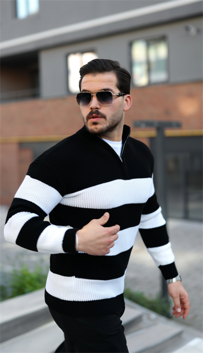 Erkek Şerit Renk Desenli Zip Yaka Kazak