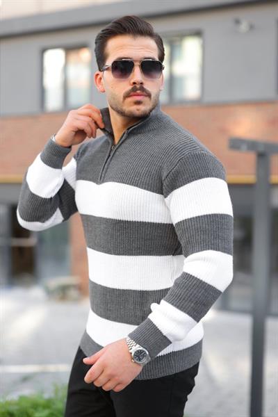 Erkek Şerit Renk Desenli Zip Yaka Kazak