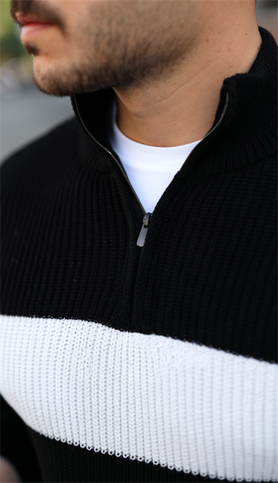 Erkek Şerit Renk Desenli Zip Yaka Kazak