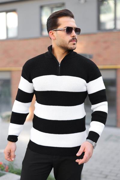 Erkek Şerit Renk Desenli Zip Yaka Kazak