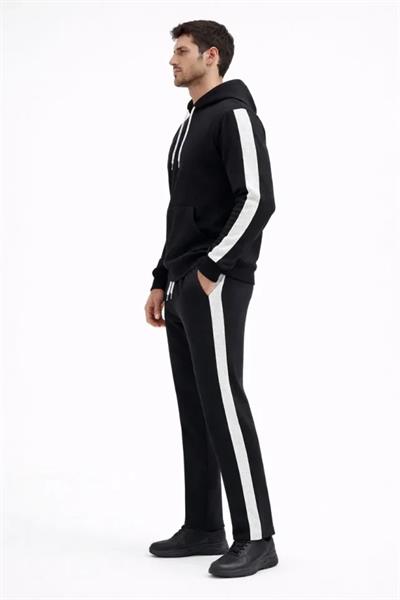 Erkek Şeritli Eşofman Takım Kapüşonlu Sweatshirt Boru Paça Alt, Oversize 3 Iplik Pamuklu - Siyah