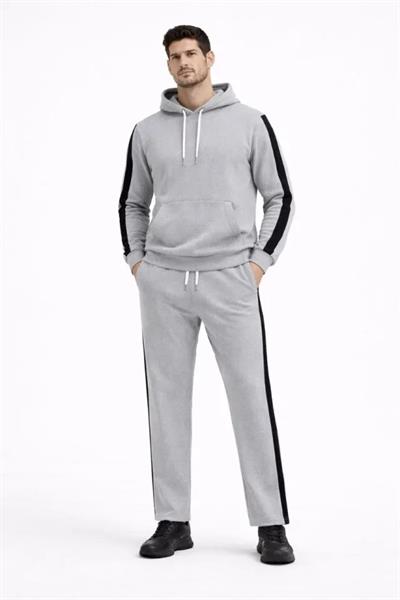 Erkek Şeritli Eşofman Takım Kapüşonlu Sweatshirt Boru Paça Alt, Oversize 3 Iplik Pamuklu - Gri