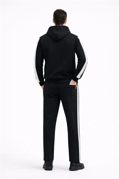 Erkek Şeritli Eşofman Takım Kapüşonlu Sweatshirt Boru Paça Alt, Oversize 3 Iplik Pamuklu - Siyah