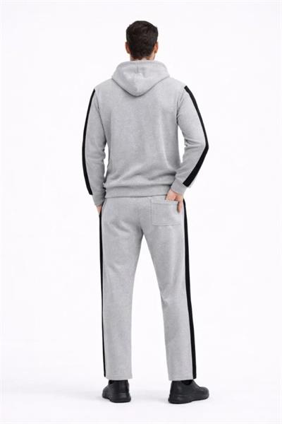 Erkek Şeritli Eşofman Takım Kapüşonlu Sweatshirt Boru Paça Alt, Oversize 3 Iplik Pamuklu - Gri