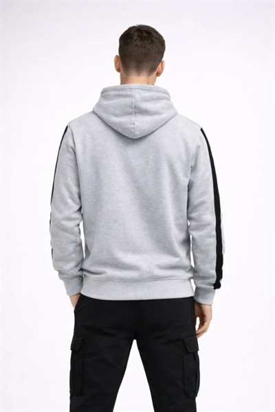 Erkek Şeritli Kapüşonlu Sweatshirt Oversize 3 Iplik Pamuklu - Beyaz