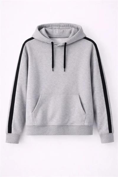 Erkek Şeritli Kapüşonlu Sweatshirt Oversize 3 Iplik Pamuklu - Gri