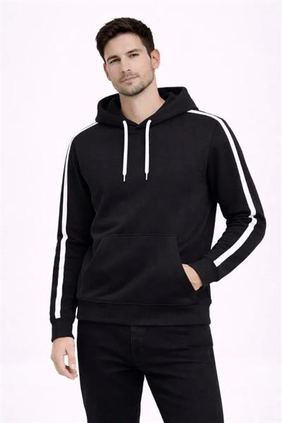 Erkek Şeritli Kapüşonlu Sweatshirt Oversize 3 Iplik Pamuklu - Siyah