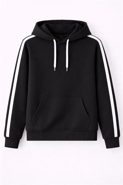 Erkek Şeritli Kapüşonlu Sweatshirt Oversize 3 Iplik Pamuklu - Siyah