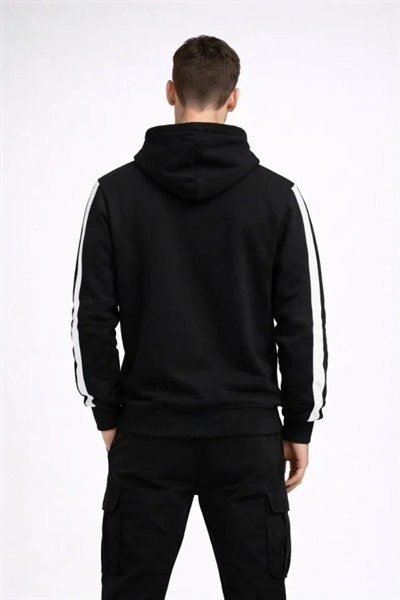 Erkek Şeritli Kapüşonlu Sweatshirt Oversize 3 Iplik Pamuklu - Siyah