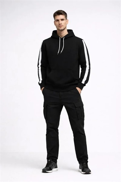 Erkek Şeritli Kapüşonlu Sweatshirt Oversize 3 Iplik Pamuklu - Siyah