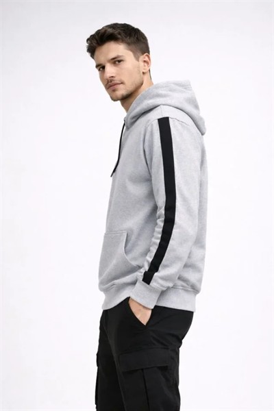 Erkek Şeritli Kapüşonlu Sweatshirt Oversize 3 Iplik Pamuklu - Beyaz