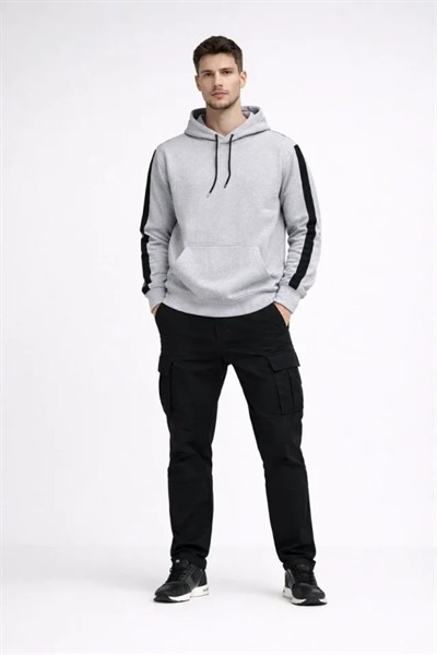 Erkek Şeritli Kapüşonlu Sweatshirt Oversize 3 Iplik Pamuklu - Beyaz