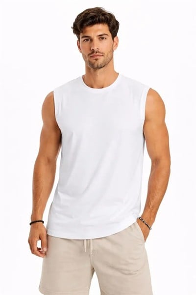 Erkek Sıfır Kolsuz Atlet Bisiklet Yaka Oversize Basic Spor Üst, Günlük Ve Fitness Kullanımına Uygun - Beyaz