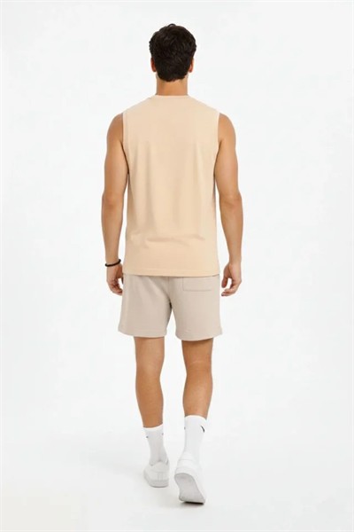 Erkek Sıfır Kolsuz Atlet Bisiklet Yaka Oversize Basic Spor Üst, Günlük Ve Fitness Kullanımına Uygun - Bej