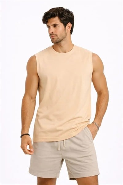 Erkek Sıfır Kolsuz Atlet Bisiklet Yaka Oversize Basic Spor Üst, Günlük Ve Fitness Kullanımına Uygun - Bej