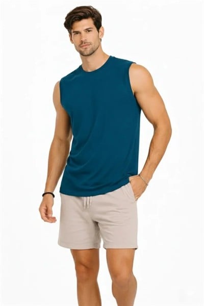 Erkek Sıfır Kolsuz Atlet Bisiklet Yaka Oversize Basic Spor Üst, Günlük Ve Fitness Kullanımına Uygun - İndigo