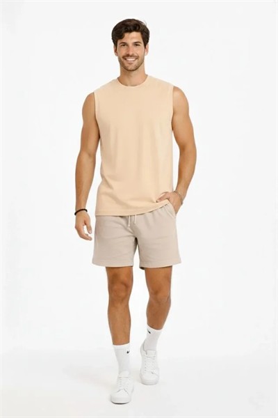 Erkek Sıfır Kolsuz Atlet Bisiklet Yaka Oversize Basic Spor Üst, Günlük Ve Fitness Kullanımına Uygun - Bej
