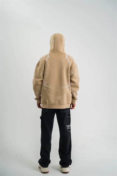 Erkek Şimşek Baskılı Kapşonlu Sweatshirt Üç İplik Pamuklu Kanguru Cepli Double Oversize Hoodie - Bej