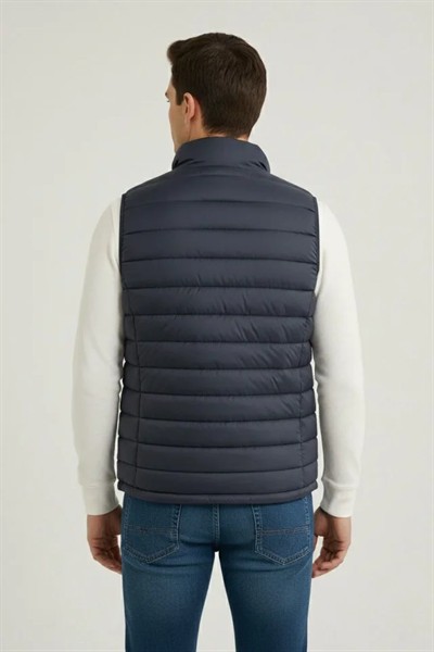 Erkek Şişme Fermuarlı Yelek Su Itici Kapitone Astarlı Kumaş Cepli Hafif Kışlık Spor Rahat Kalıp - Lacivert