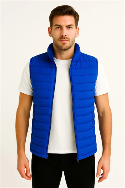 Erkek Şişme Fermuarlı Yelek Su Itici Kapitone Astarlı Kumaş Cepli Hafif Kışlık Spor Rahat Kalıp - Saks Mavisi