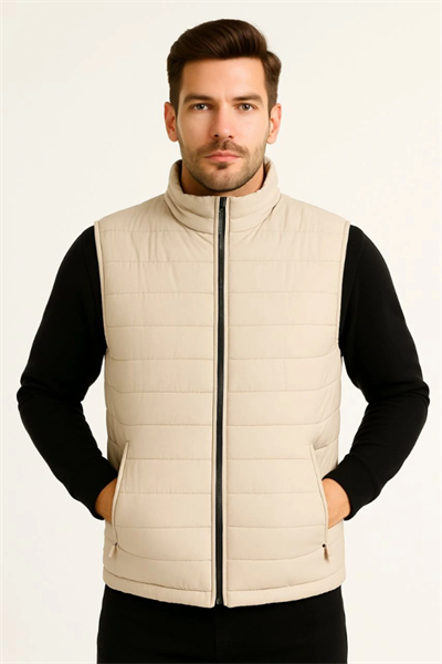 Erkek Şişme Fermuarlı Yelek Su Itici Kapitone Astarlı Kumaş Cepli Hafif Kışlık Spor Rahat Kalıp -Bej