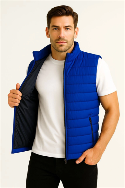 Erkek Şişme Fermuarlı Yelek Su Itici Kapitone Astarlı Kumaş Cepli Hafif Kışlık Spor Rahat Kalıp - Saks Mavisi
