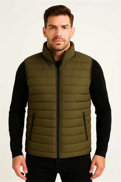 Erkek Şişme Fermuarlı Yelek Su Itici Kapitone Astarlı Kumaş Cepli Hafif Kışlık Spor Rahat Kalıp - Haki