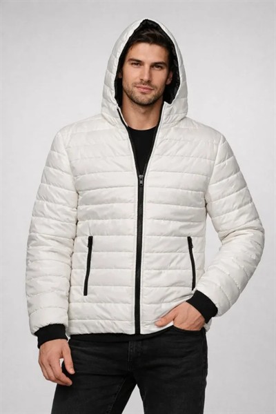 Erkek Şişme Kapüşonlu Fermuarlı Mont Su Itici Kapitone Astarlı Kumaş Cepli Kışlık Rahat Kalıp - Krem