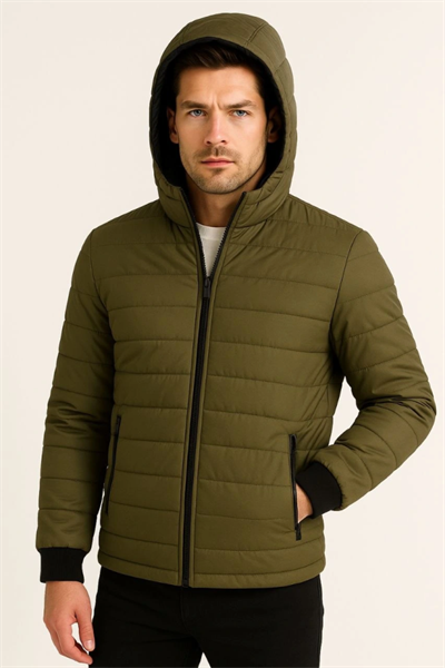 Erkek Şişme Kapüşonlu Fermuarlı Mont Su Itici Kapitone Astarlı Kumaş Cepli Kışlık Rahat Kalıp - Haki