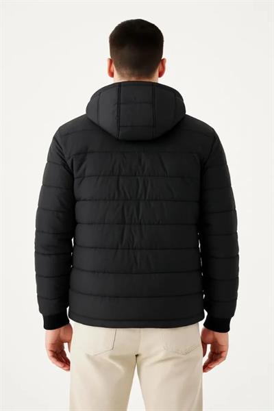 Erkek Şişme Kapüşonlu Fermuarlı Mont Su Itici Kapitone Astarlı Kumaş Cepli Kışlık Rahat Kalıp - Siyah