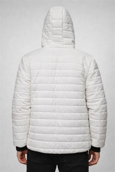 Erkek Şişme Kapüşonlu Fermuarlı Mont Su Itici Kapitone Astarlı Kumaş Cepli Kışlık Rahat Kalıp - Krem